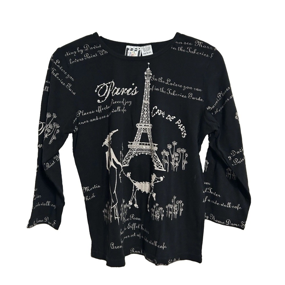 Vintage Take Two Top Size L Eiffel Tower Paris Poodle 3/4 Sleeve Black Bling